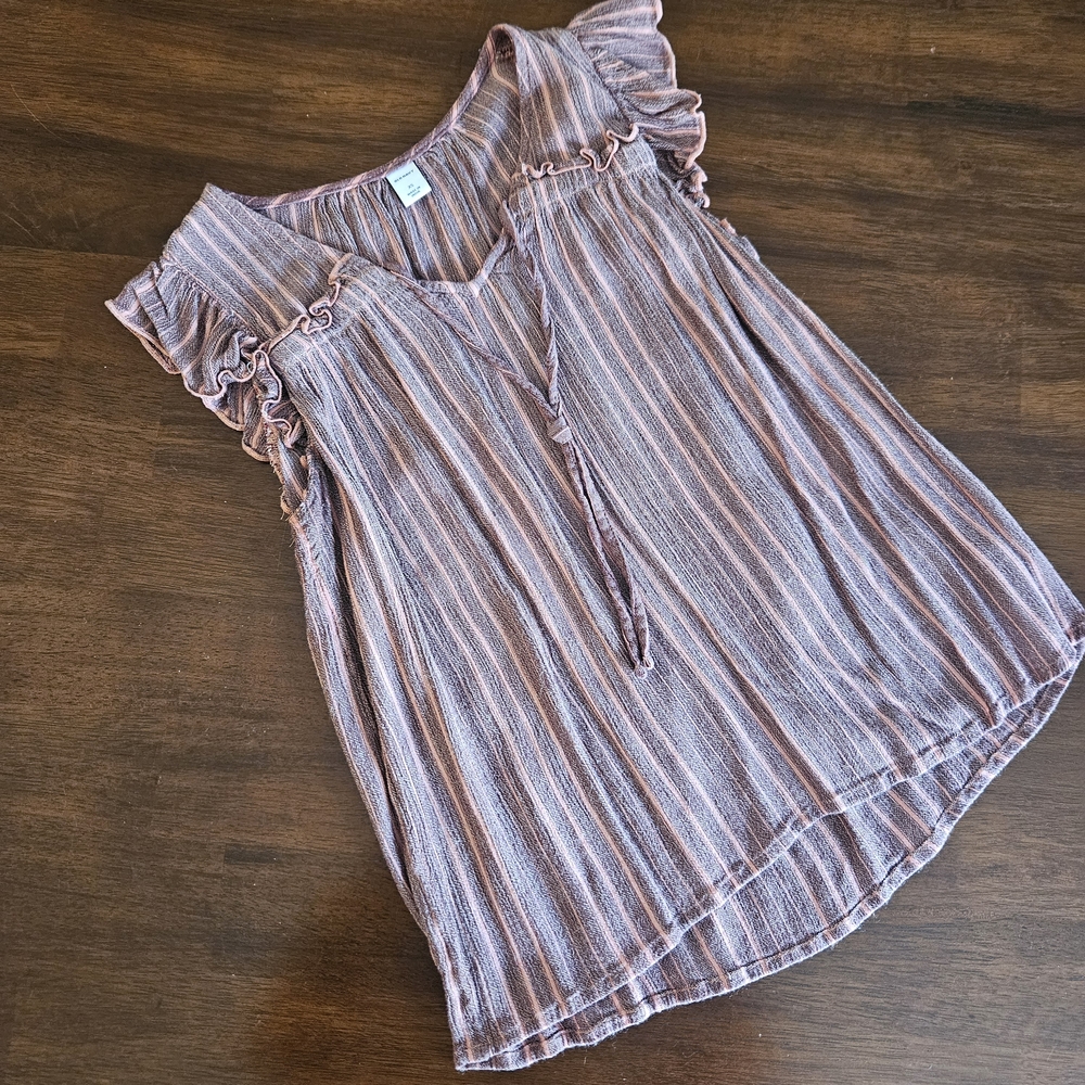 Old Navy Pink/ Corral and Charcoal Striped Ruffle Blouse